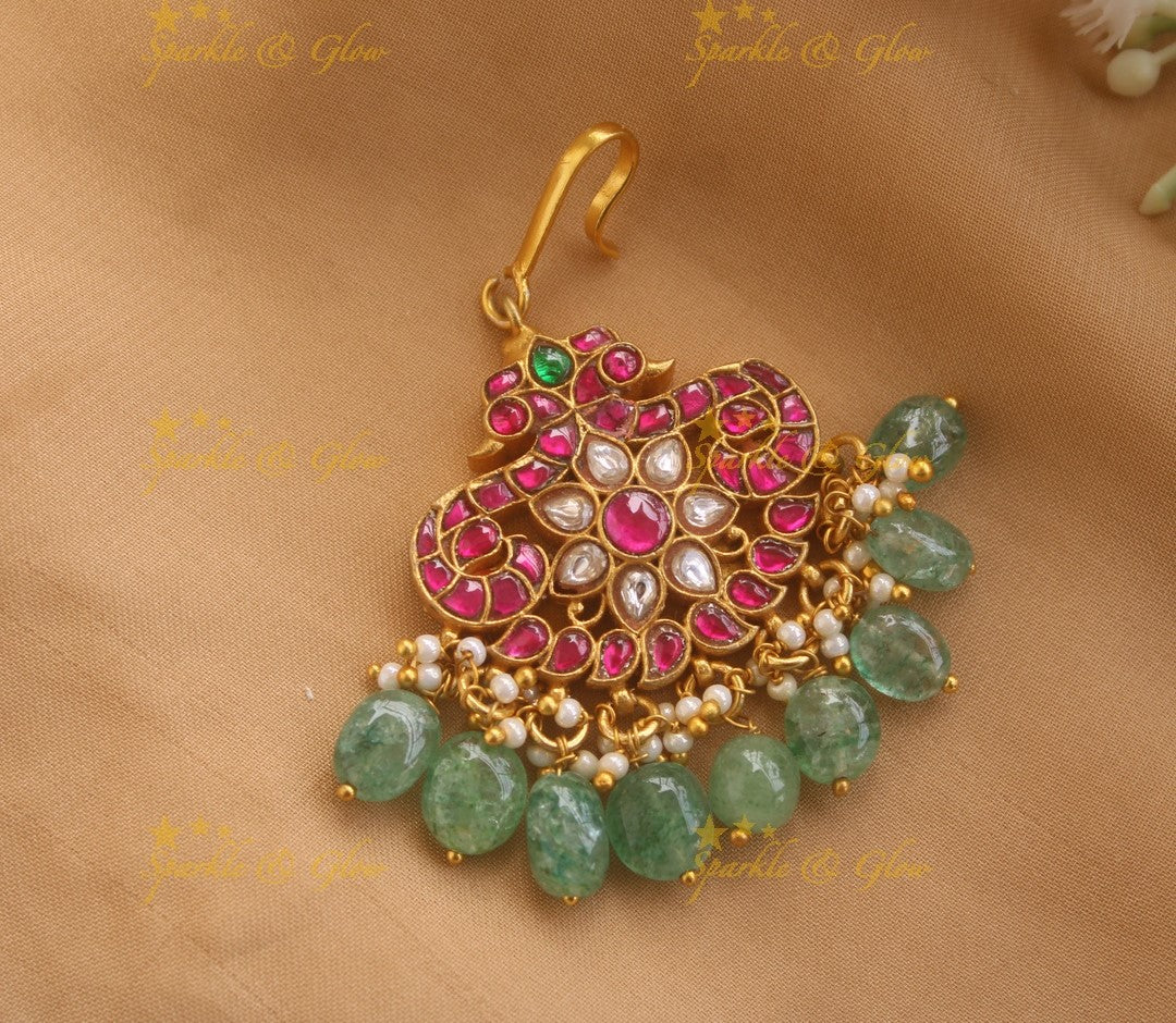 Jadau Peacock Floral Tikka With Mint green beads