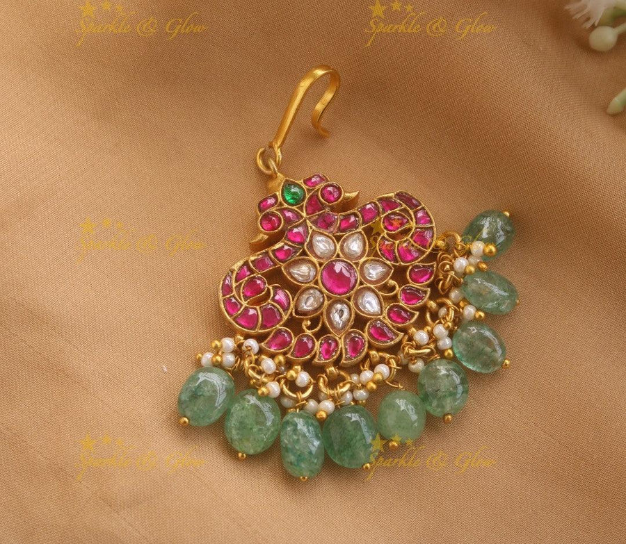 Jadau Peacock Floral Tikka With Mint green beads - Sparkle and Glow