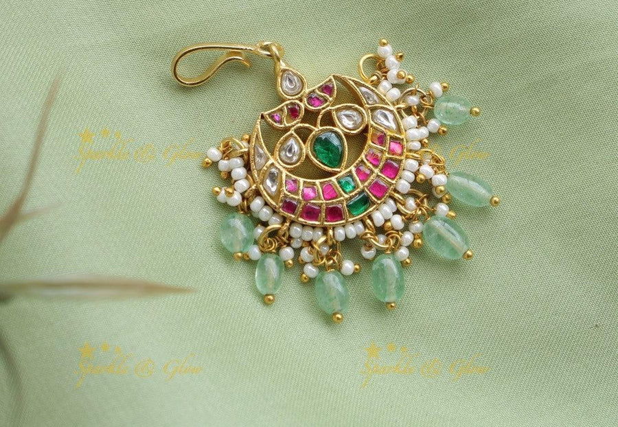 Jadau Moon Floral Pearl cluster Tikka with Mint green beads - Sparkle and Glow