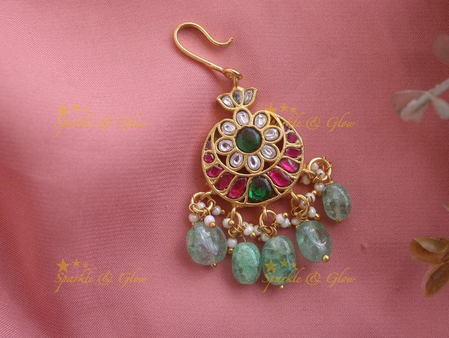 Sparkling Jadau Moon floral Tikka With Mint green beads - Sparkle and Glow