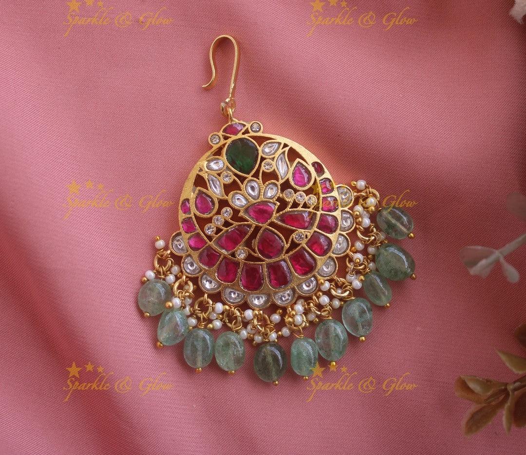 Jadau Floral Tikka with Mint green beads - Sparkle and Glow