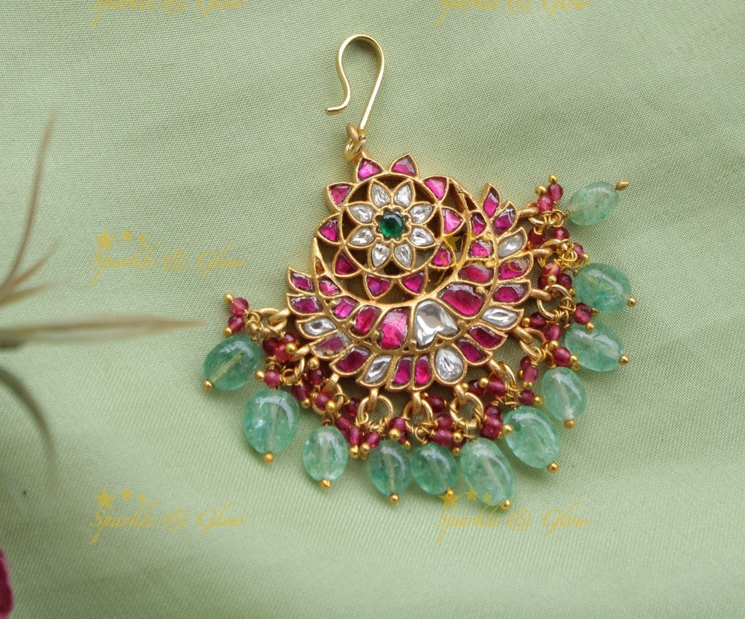Elegant Jadau Star Design Tikka with Mint green beads
