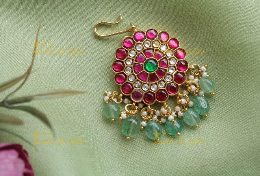 Jadau Floral Bottu Tikka with Mint green beads - Sparkle and Glow