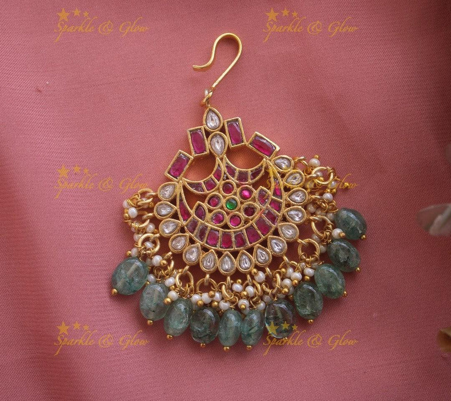 Jadau Half moon Floral Tikka With Mint green beads - Sparkle and Glow