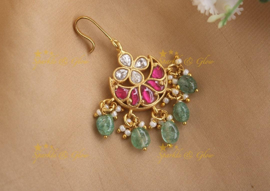 Jadau Moon Floral Tikka with Mint green beads - Sparkle and Glow
