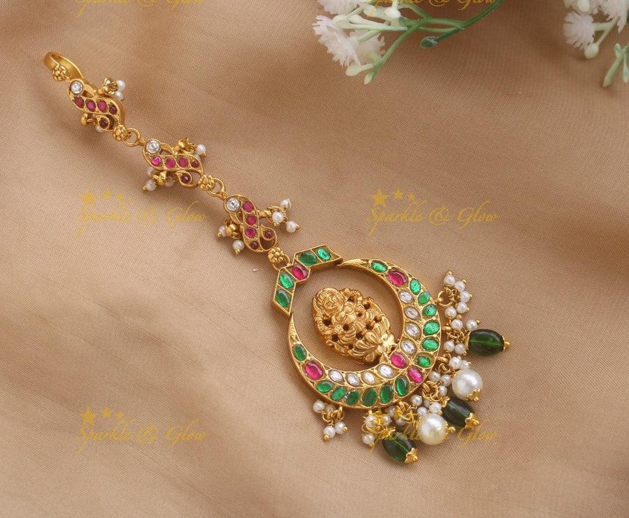 Idol Lakshmi Peacock Carved Jadau half moon Tikka - Sparkle and Glow