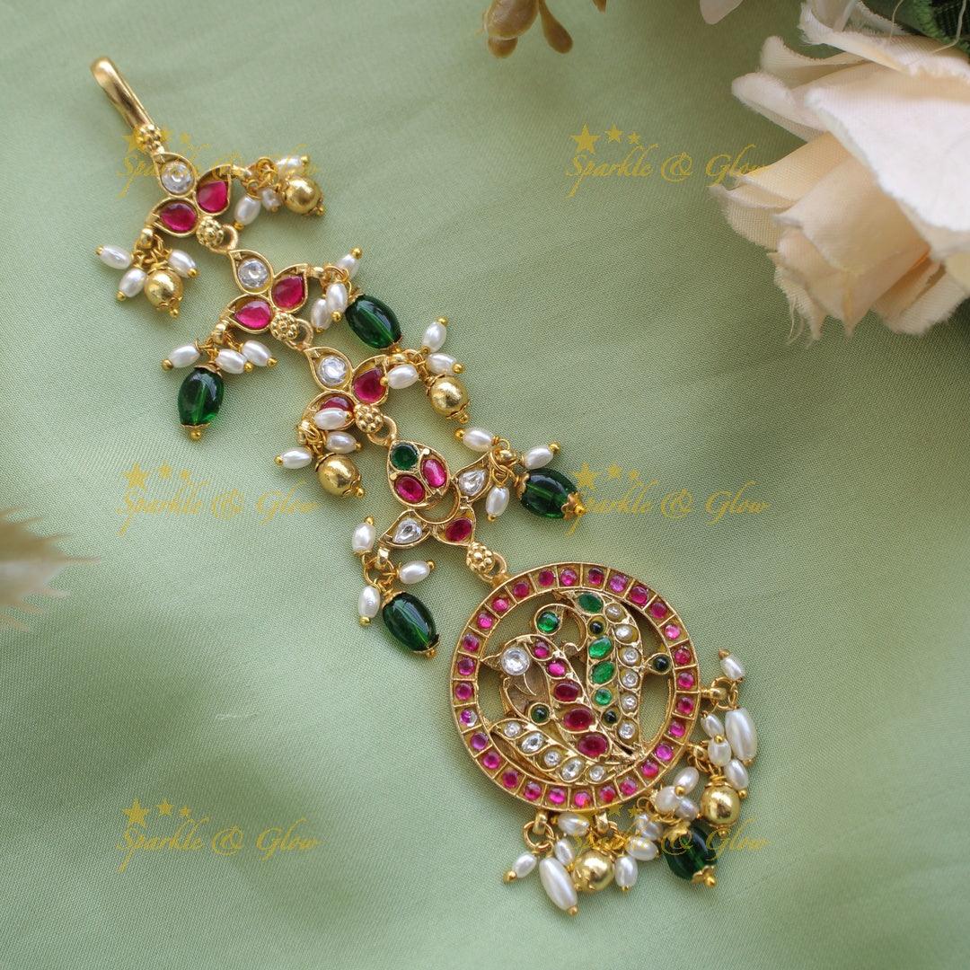 Jadau Peacock Floral Ruby Emerald Tikka - Sparkle and Glow