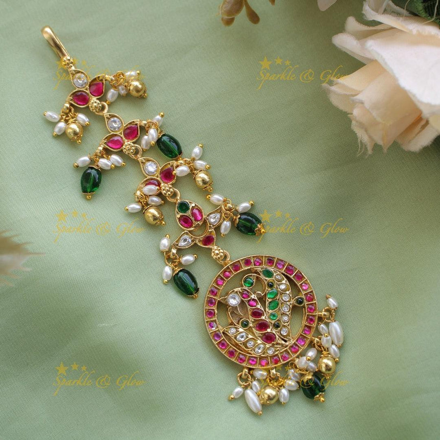 Jadau Peacock Floral Ruby Emerald Tikka - Sparkle and Glow