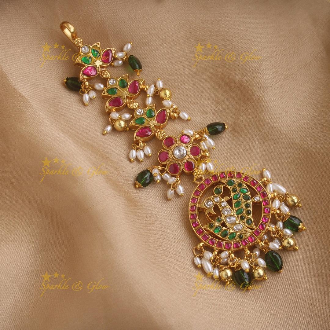 Jadau Peacock Floral Ruby Circle Tikka - Sparkle and Glow