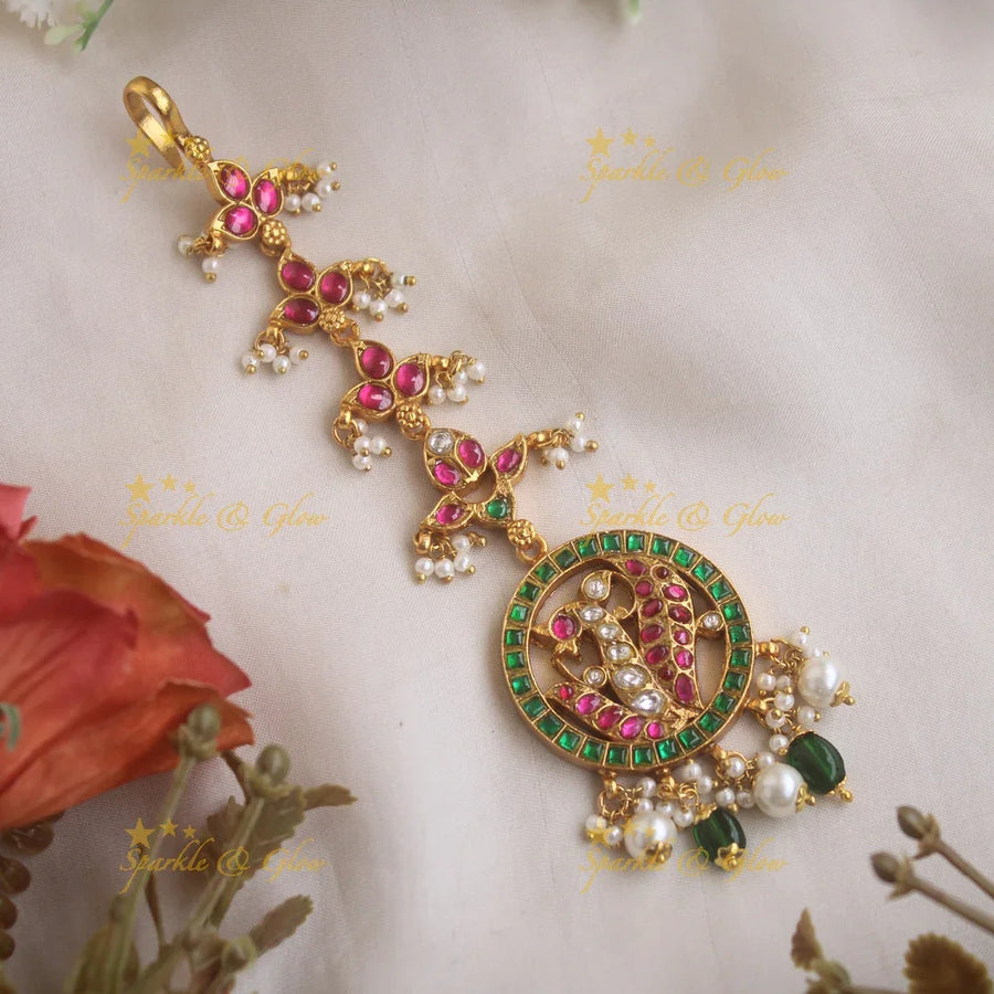 Jadau Peacock Floral Emerald Circle Tikka - Sparkle and Glow