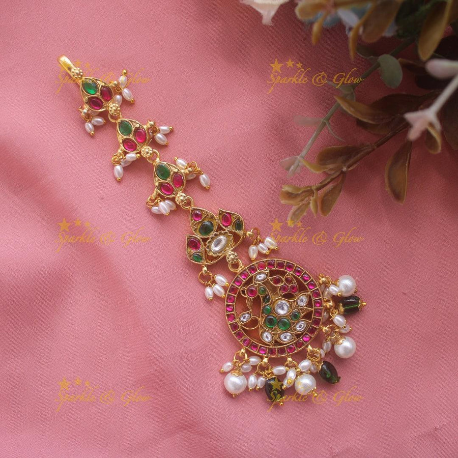 Jadau Peacock Mango Ruby Circle Tikka - Sparkle and Glow