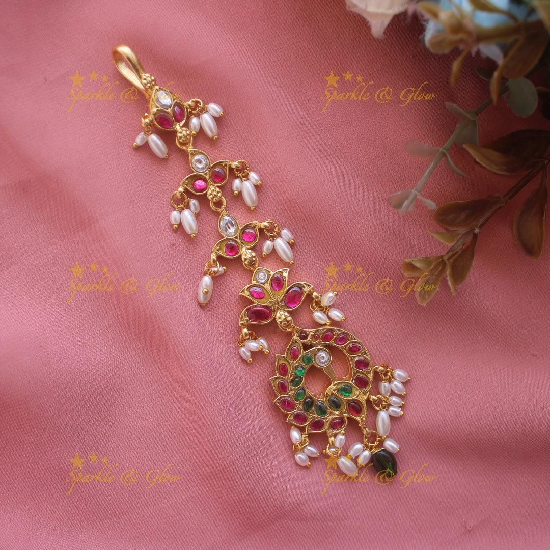 Jadau Peacock Floral Tikka - Sparkle and Glow