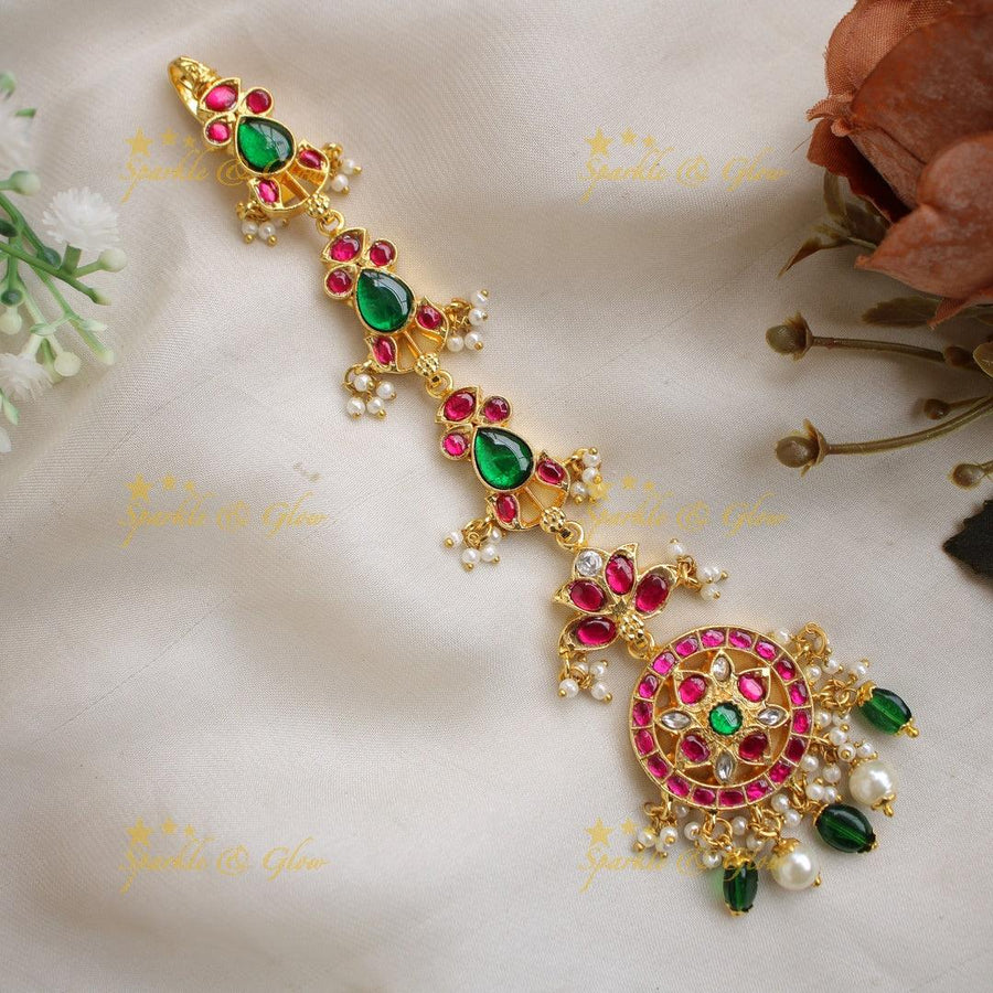 Jadau Floral Emerald Oval design Tikka - Sparkle and Glow