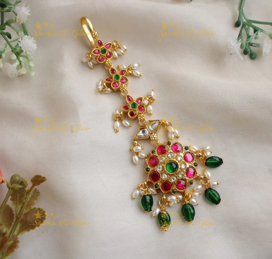 Gracious Jadau Floral Tikka with Green beads - Sparkle and Glow