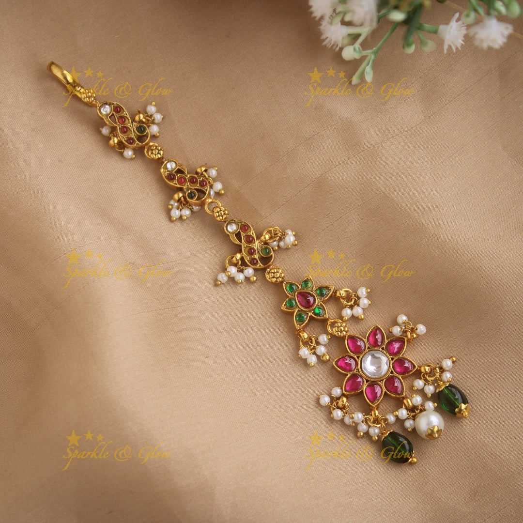 Elegant Jadau Peacock Floral Ruby Tikka