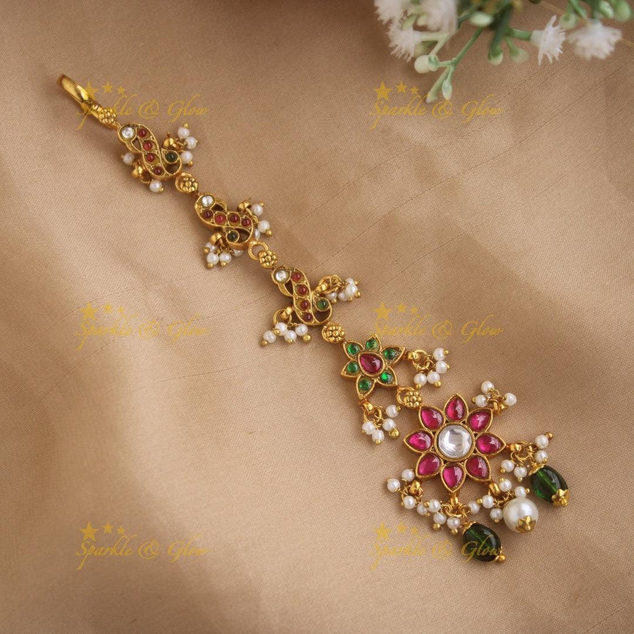 Elegant Jadau Peacock Floral Ruby Tikka - Sparkle and Glow