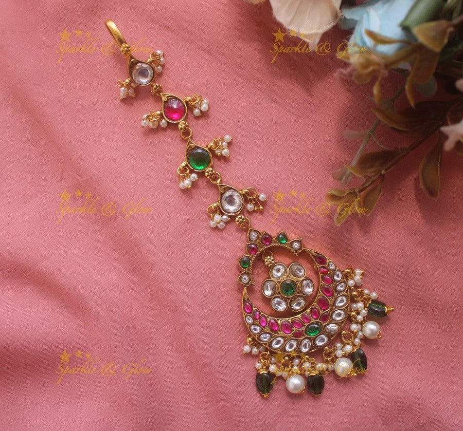 Jadau Half Moon Floral Tikka - Sparkle and Glow