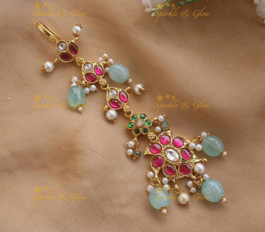 Jadau Ruby Emerald Floral Tikka with Mint green beads - Sparkle and Glow