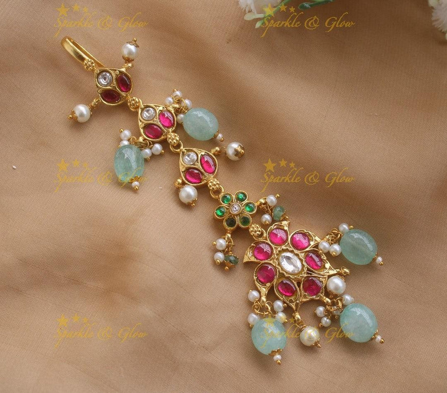 Jadau Ruby Emerald Floral Tikka with Mint green beads - Sparkle and Glow