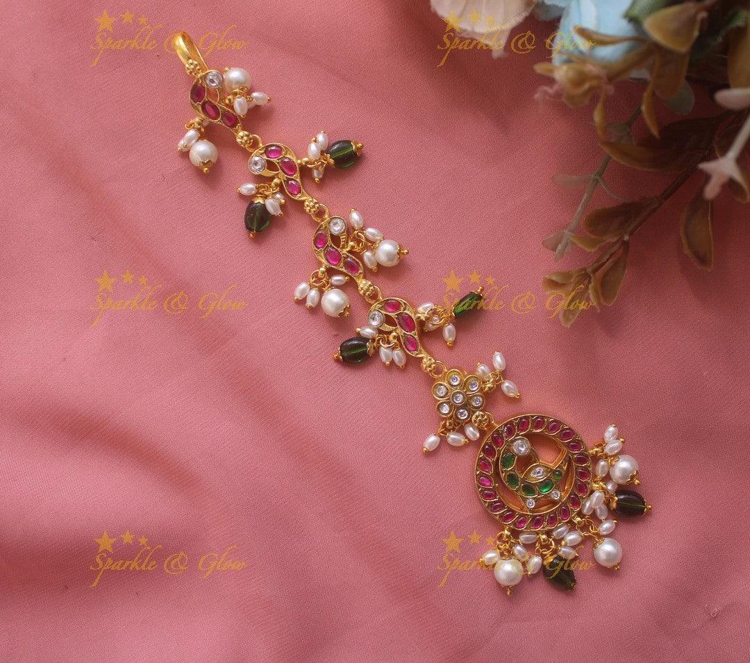 Jadau Ruby Peacock Design Guttapusalu Tikka Set