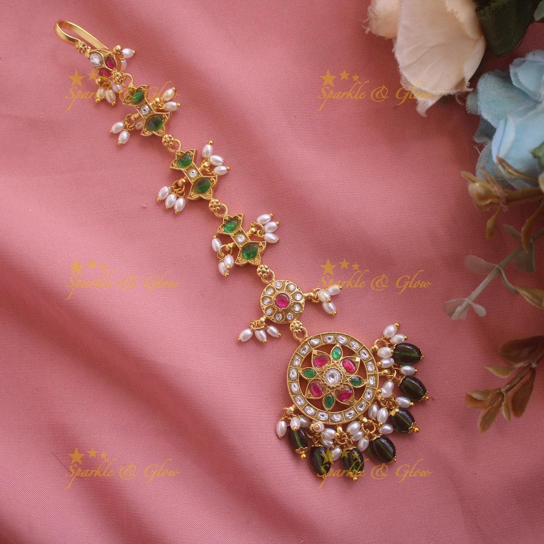 Jadau Flower Design Green Beads Tikka - Sparkle and Glow