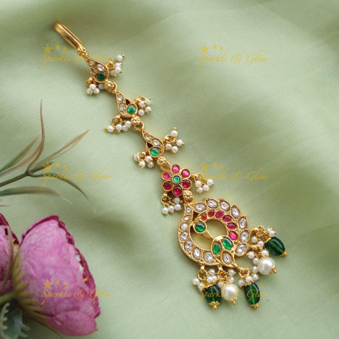 Sparkling Peacock Floral Mango Jadau Tikka - Sparkle and Glow