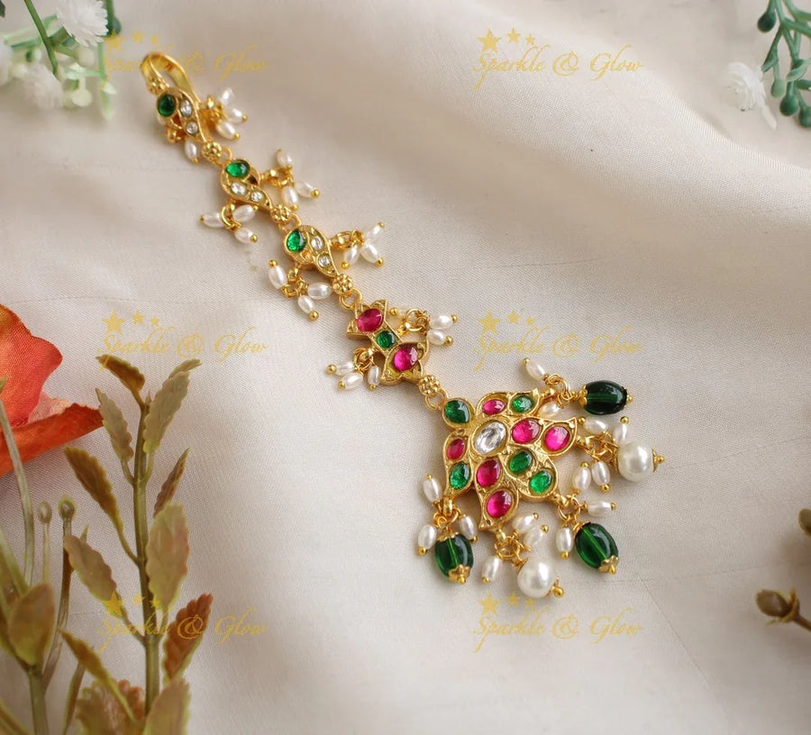 Elegant Jadau Peacock Ruby emerald Tikka - Sparkle and Glow
