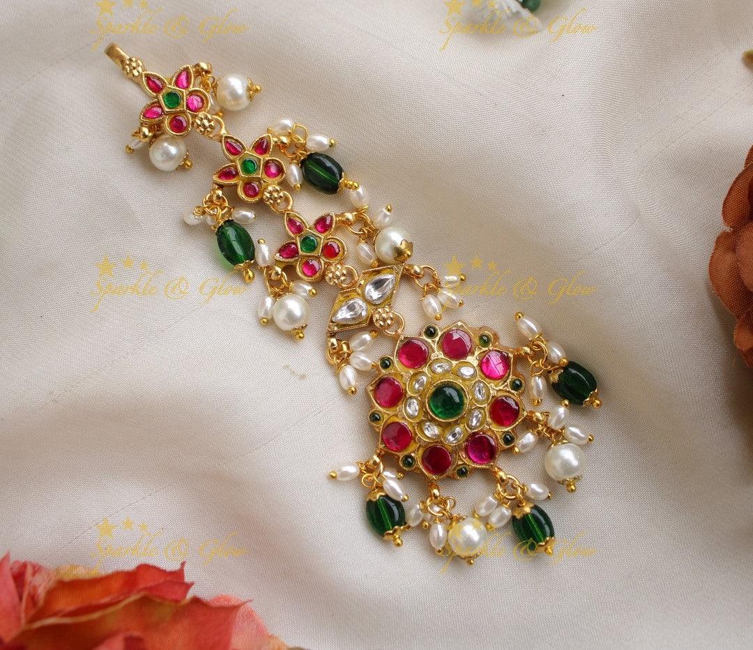 Jadau Ruby Floral Guttapusalu Tikka - Sparkle and Glow