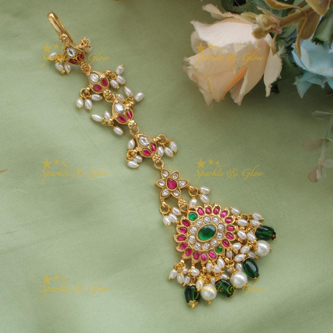 Elegant Ruby emerald Mango Floral design Jadau Tikka - Sparkle and Glow