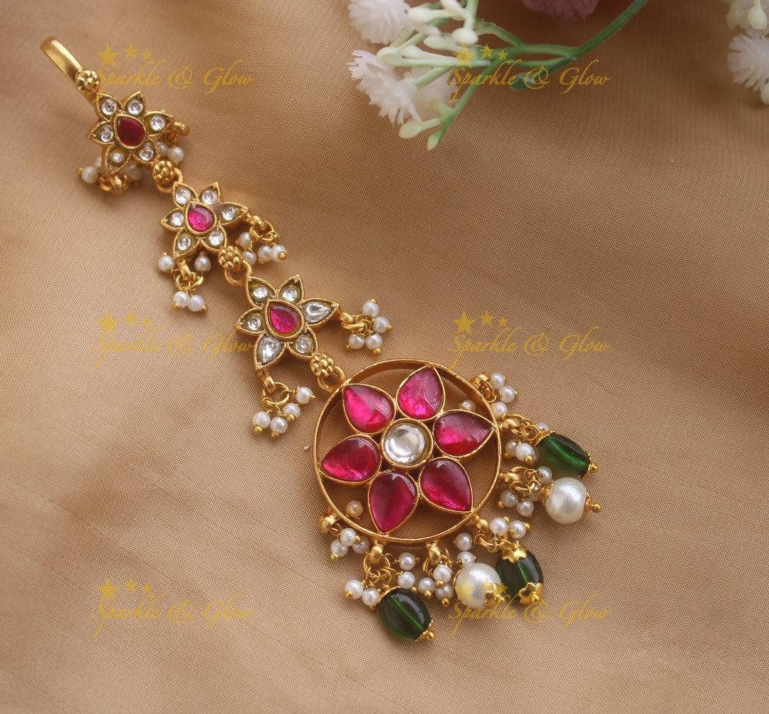 Jadau Ruby Floral Circled Tikka - Sparkle and Glow