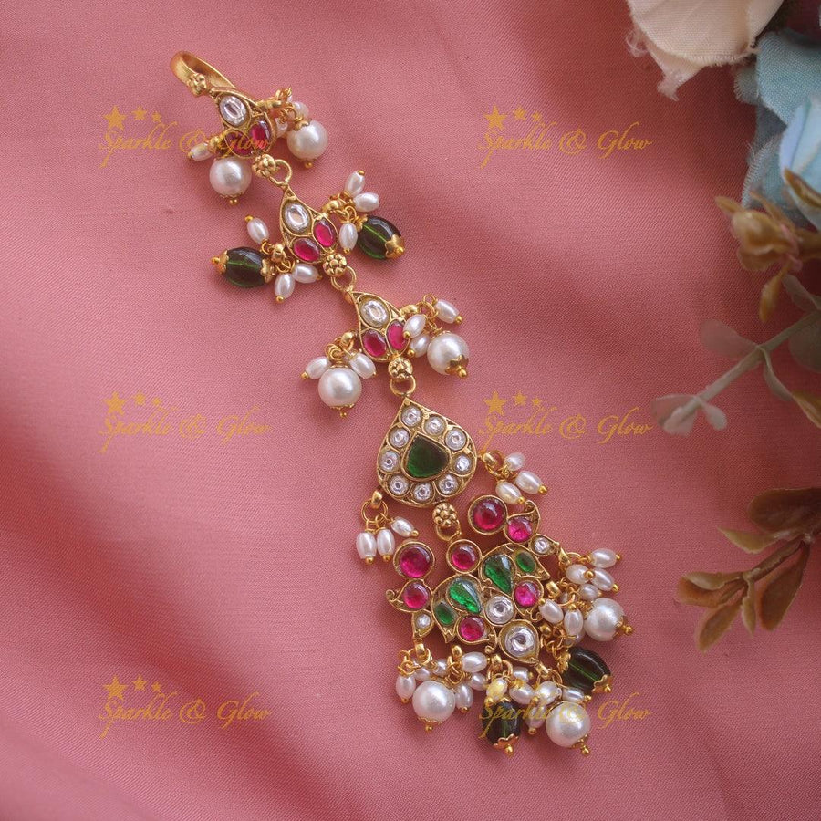Intricately Carved Jadau Oval design floral tikka - Sparkle and Glow