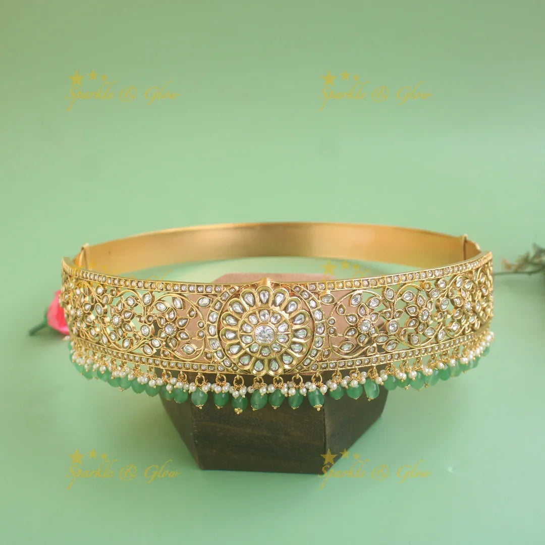 Beautiful Floral and branch design kundan hipbelt with mint green beads - Sparkle and Glow