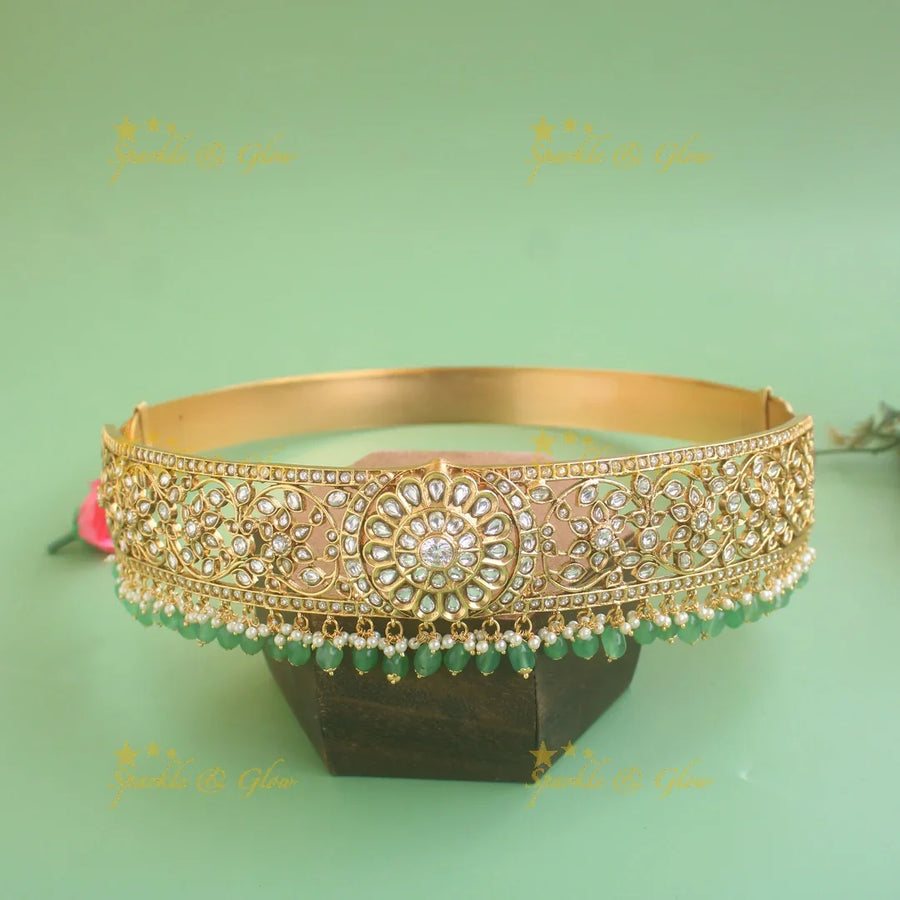 Beautiful Floral and branch design kundan hipbelt with mint green beads - Sparkle and Glow