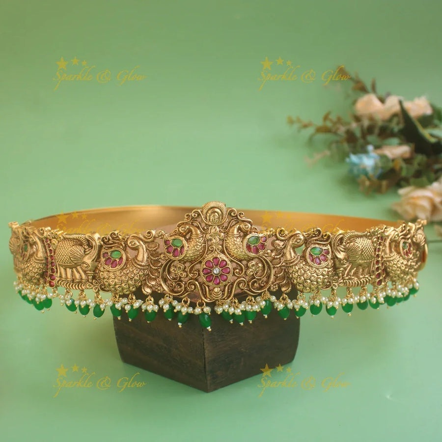Gorgeous Peacock carved hipbelt with ruby emerald and mint green beads - Sparkle and Glow