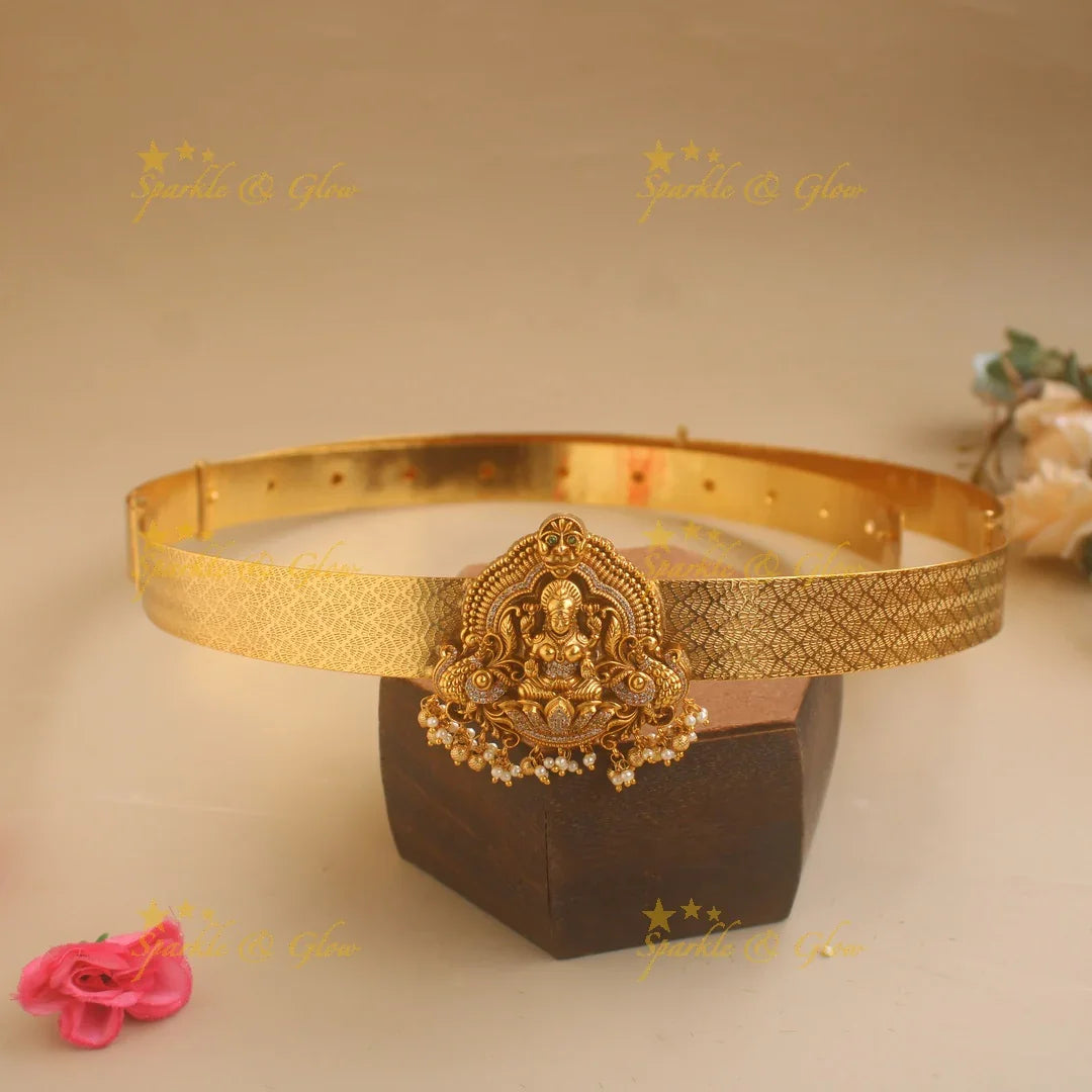 Gold alike Lakshmi peacock carved pendant type hipbelt with CZ stones gold beads and perl drops - Sparkle and Glow