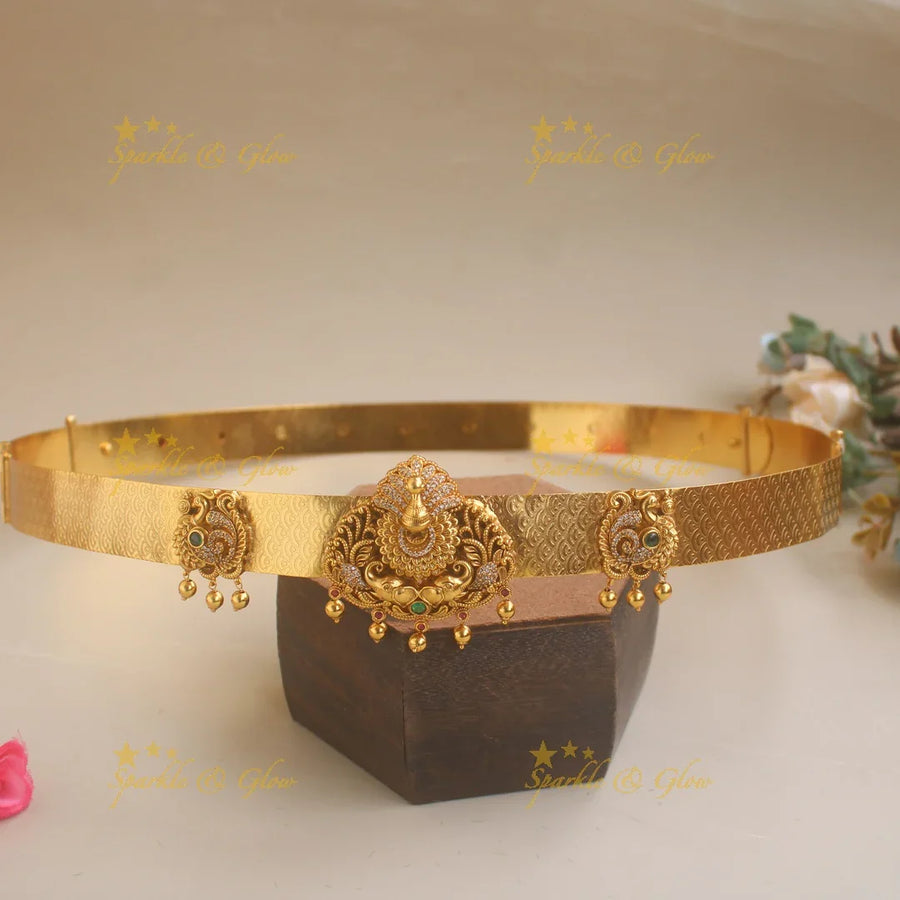 Stunning Peacock carved pendant type hipbelt with CZ stones and gold beads - Sparkle and Glow