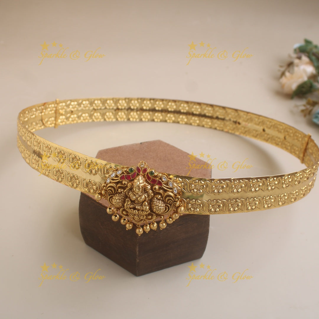 Statement Lakshmi peacock carved jadau pendant type floral hipbelt with stones and gold beads