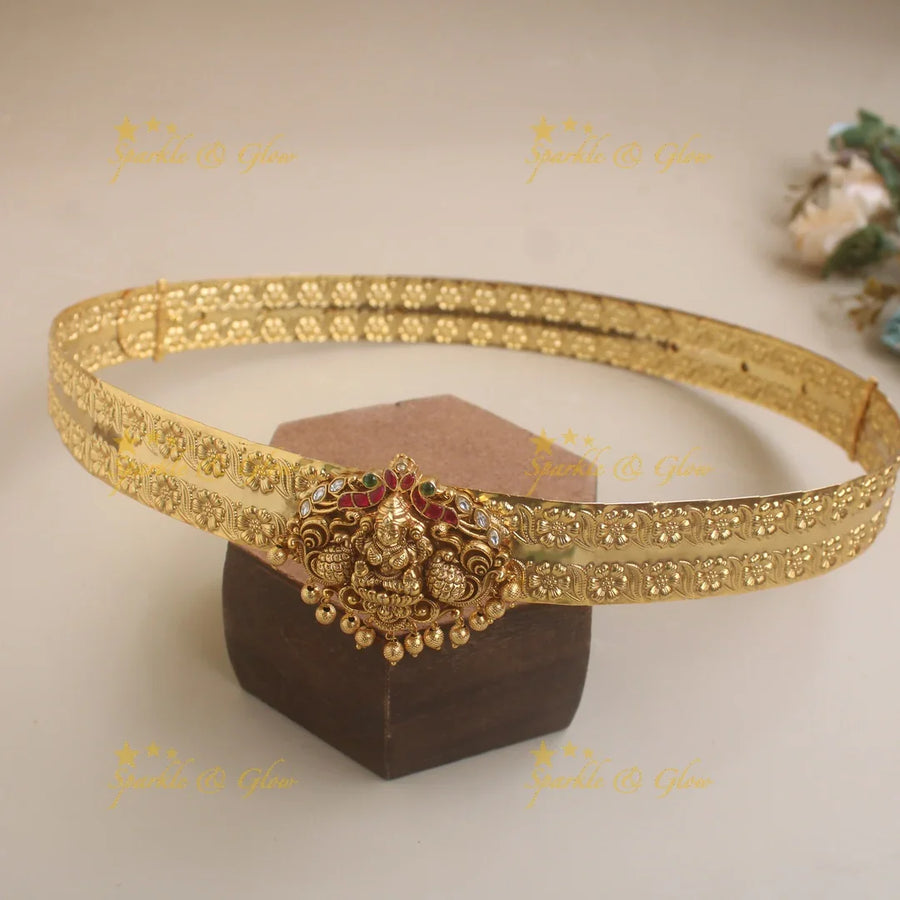Statement Lakshmi peacock carved jadau pendant type floral hipbelt with stones and gold beads - Sparkle and Glow