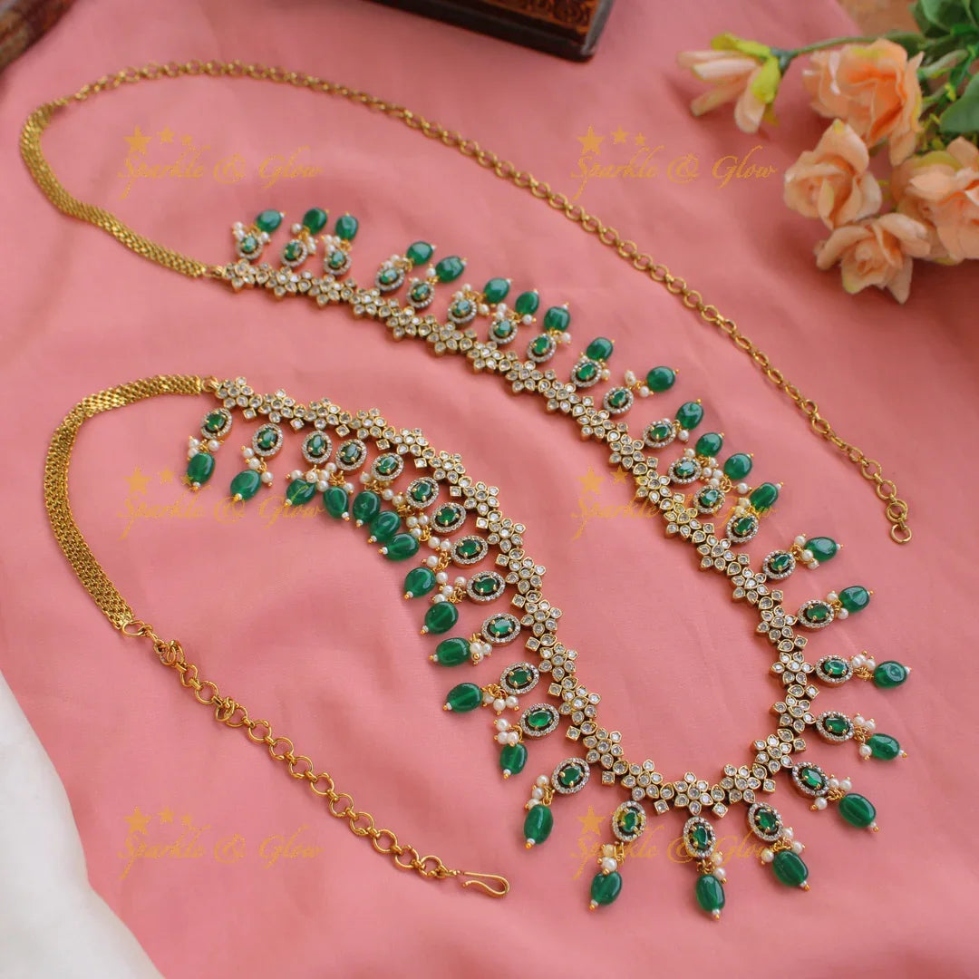Statement Floral design victorian AD hipchain with pears stones and beads - green - Sparkle and Glow