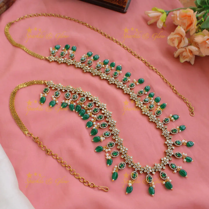 Statement Floral design victorian AD hipchain with pears stones and beads - green - Sparkle and Glow