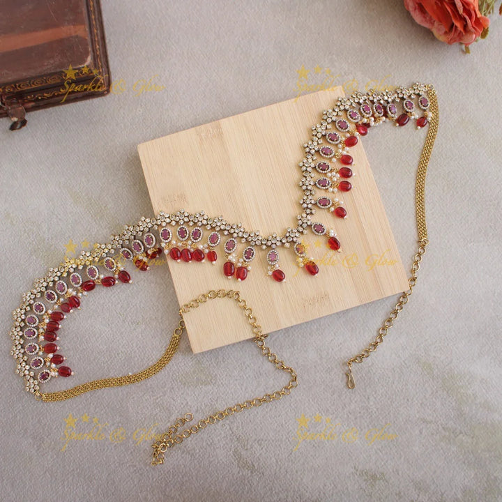 Statement Floral design victorian AD hipchain with pears stones and beads - green - Sparkle and Glow