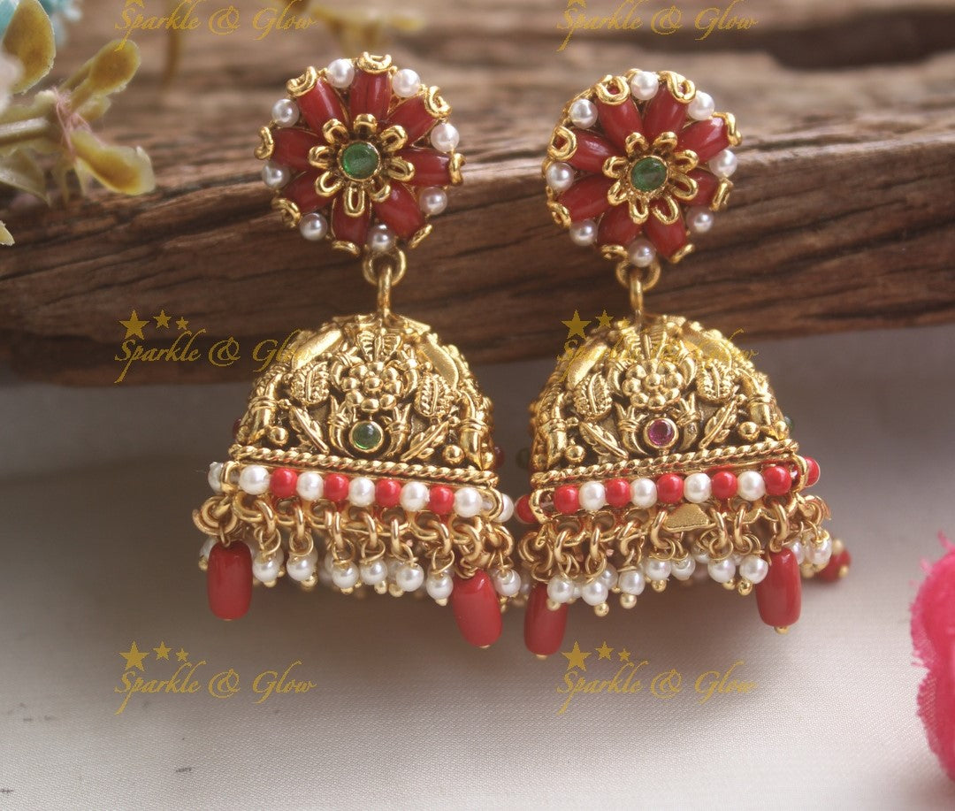 Stunning Coral Flower Studded Jhumukas with Coral Pearl beads