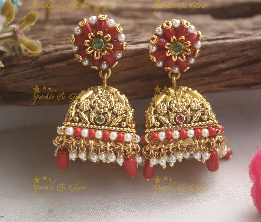 Stunning Coral Flower Studded Jhumukas with Coral Pearl beads - Sparkle and Glow