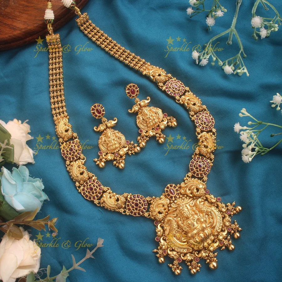 Gold alike Kemp stones Lakshmi peacock carved haram - Sparkle and Glow