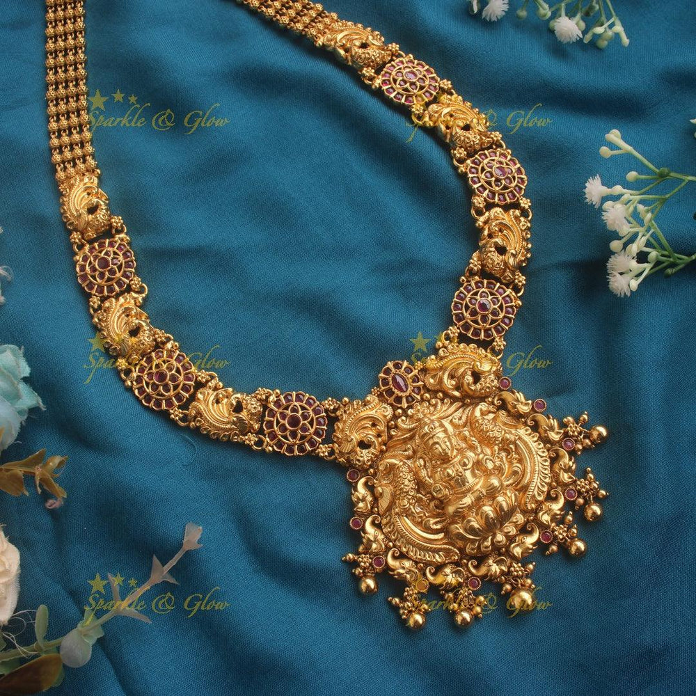 Gold alike Kemp stones Lakshmi peacock carved haram - Sparkle and Glow