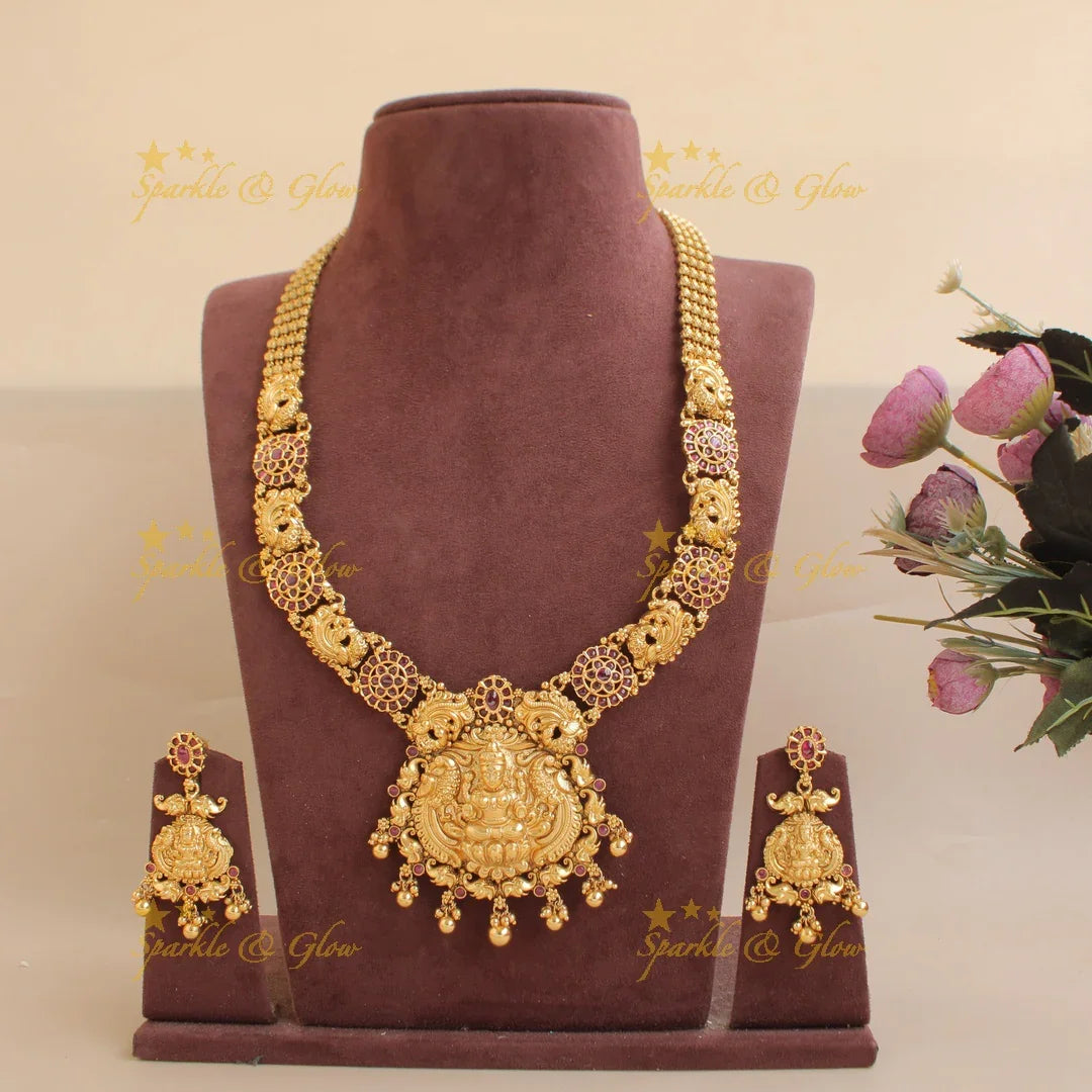 Gold alike Kemp stones Lakshmi peacock carved haram - Sparkle and Glow