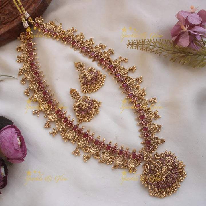 Premium matte Lakshmi peacock carved coin long necklace with gold beads - Sparkle and Glow