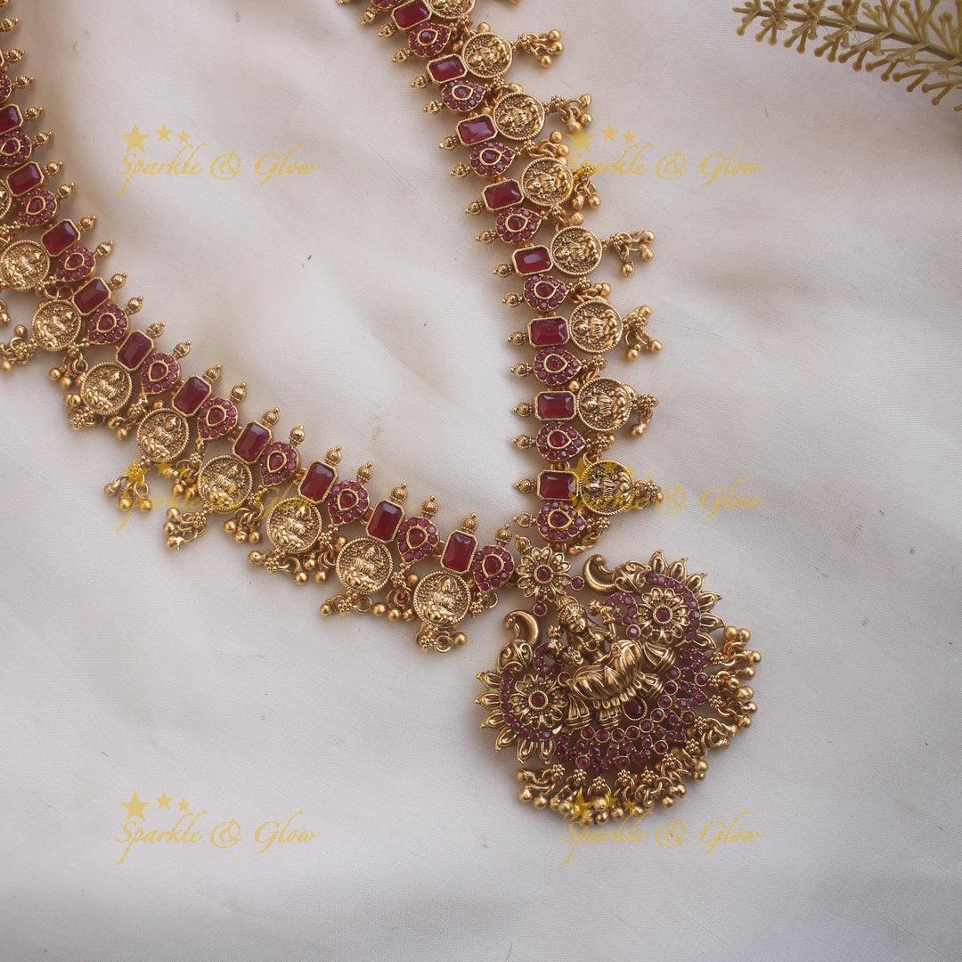 Premium matte Lakshmi peacock carved coin long necklace with gold beads - Sparkle and Glow
