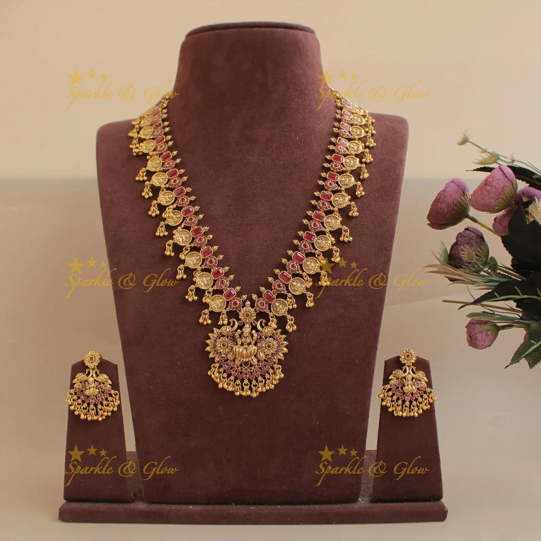 Premium matte Lakshmi peacock carved coin long necklace with gold beads - Sparkle and Glow