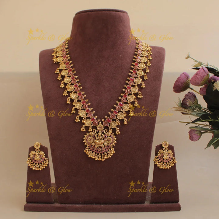 Premium matte Lakshmi peacock carved coin long necklace with gold beads - Sparkle and Glow